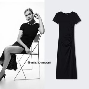Mango Black Short-Sleeve Ruched Maxi Dress